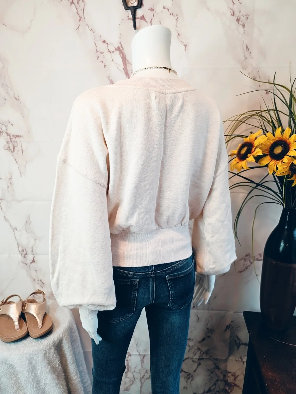 FP Beach Free People Pullover Crop Sweatshirt Cream Boho Beachy Top Small